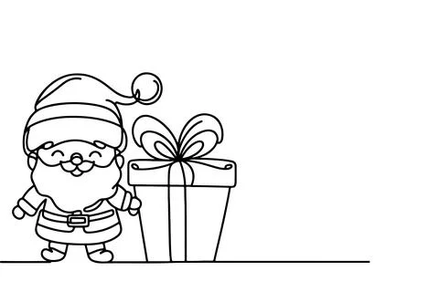 One Continuous black line art drawing of Santa Claus with gift box outline .. Stock Illustration