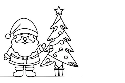 One Continuous black line art drawing of Merry Christmas tree. Hand drawn o.. Stock Illustration