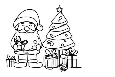 One Continuous black line art drawing of Merry Christmas tree. Hand drawn o.. Stock Illustration