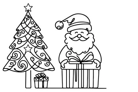 One Continuous black line art drawing of Merry Christmas tree. Hand drawn o.. Stock Illustration