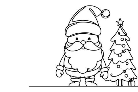 One Continuous black line art drawing of Merry Christmas tree. Hand drawn o.. Stock Illustration