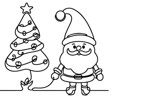 One Continuous black line art drawing of Merry Christmas tree. Hand drawn o.. Stock Illustration