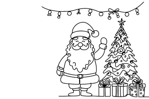 One Continuous black line art drawing of Merry Christmas tree. Hand drawn o.. Stock Illustration