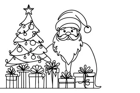 One Continuous black line art drawing of Merry Christmas tree. Hand drawn o.. Illustrazione stock