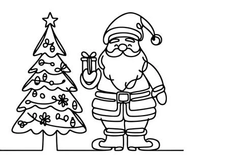 One Continuous black line art drawing of Merry Christmas tree. Hand drawn o.. Stock Illustration