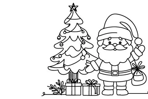 One Continuous black line art drawing of Merry Christmas tree. Hand drawn o.. Stock Illustration