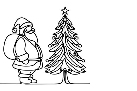 One Continuous black line art drawing of Merry Christmas tree. Hand drawn o.. Stock Illustration