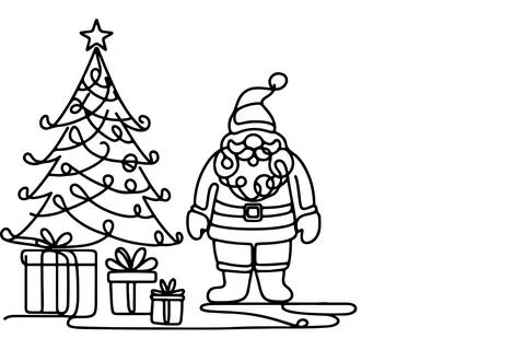 One Continuous black line art drawing of Merry Christmas tree. Hand drawn o.. Stock Illustration