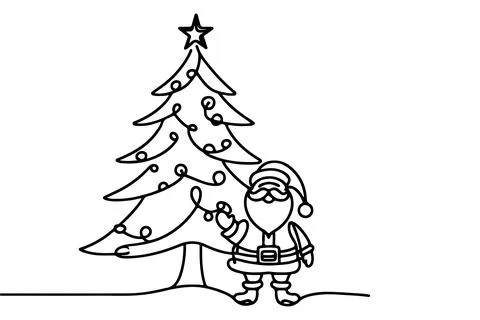 One Continuous black line art drawing of Merry Christmas tree. Hand drawn o.. Stock Illustration