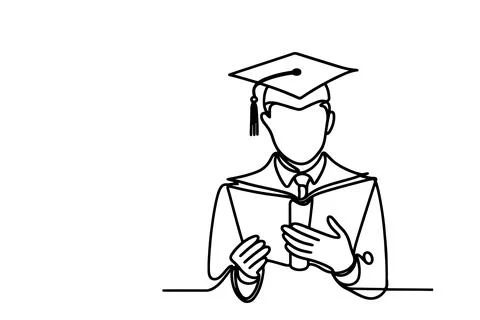 One continuous black line art drawing of school student kid graduate holdin.. Illustrazione stock