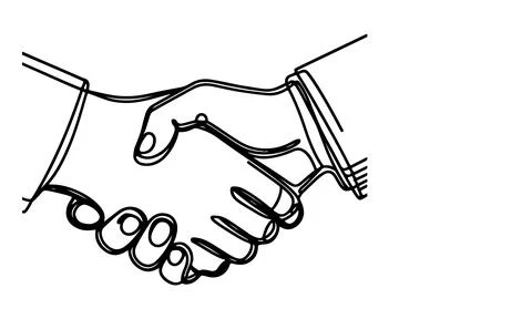 One continuous black line drawing closeup businessmen handshake outline doo.. Illustrazione stock