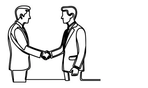 One continuous black line drawing closeup businessmen handshake outline doo.. Stock Illustration