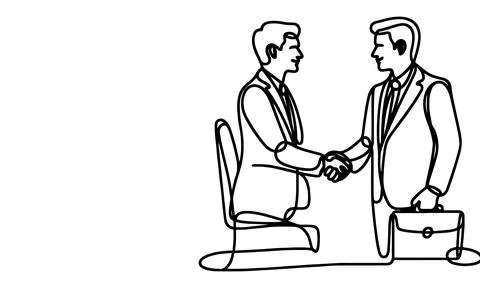 One continuous black line drawing closeup businessmen handshake outline doo.. Stock Illustration