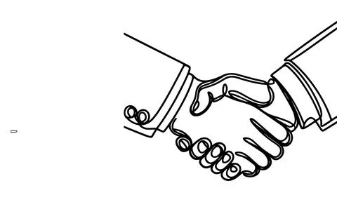 One continuous black line drawing closeup businessmen handshake outline doo.. Stock Illustration