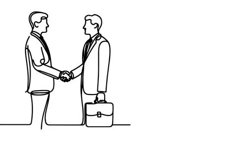 One continuous black line drawing closeup businessmen handshake outline doo.. Stock Illustration