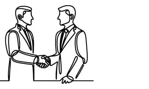 One continuous black line drawing closeup businessmen handshake outline doo.. Stock Illustration