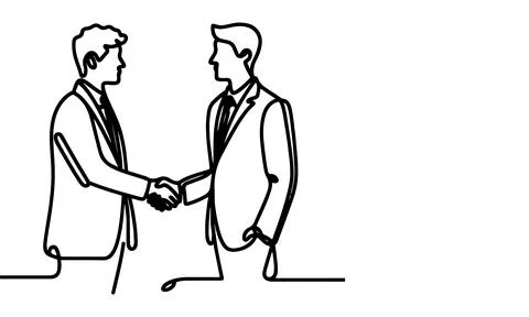 One continuous black line drawing closeup businessmen handshake outline doo.. Stock Illustration