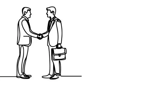 One continuous black line drawing closeup businessmen handshake outline doo.. Stock Illustration
