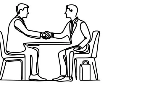 One continuous black line drawing closeup businessmen handshake outline doo.. Stock Illustration