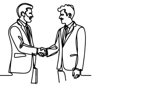 One continuous black line drawing closeup businessmen handshake outline doo.. Stock Illustration