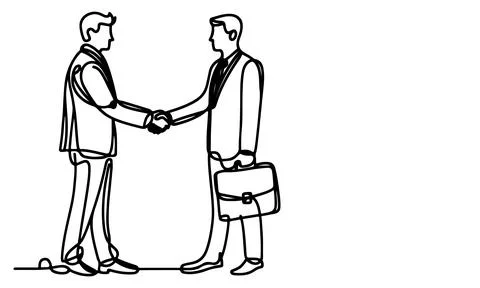 One continuous black line drawing closeup businessmen handshake outline doo.. Stock Illustration