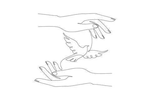 One continuous drawing of flying white dove in caring hands. Bird symbol of Stock Illustration