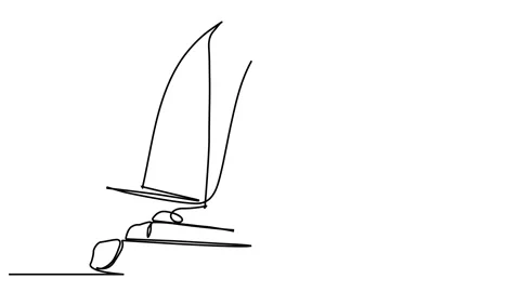 One continuous drawing line side view of a sailing yacht boat ship sailboat .Sin Stock Footage 145132670