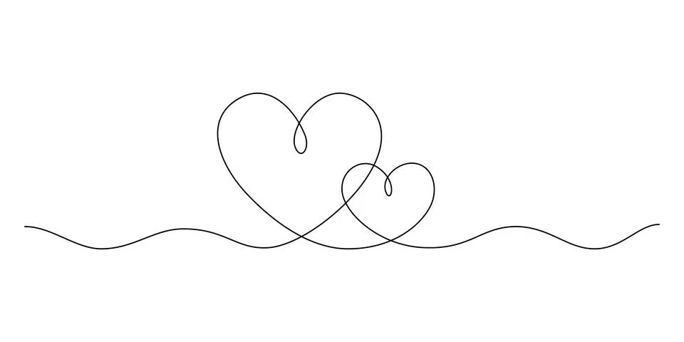 One continuous drawing of two hearts and love signs. Thin curls and romantic Stock Illustration