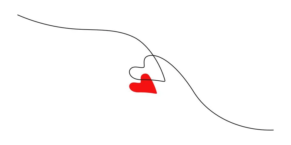 One continuous drawing of two hearts with red color love sign. Thin flourish Stock Illustration