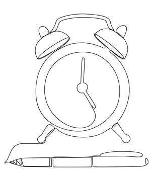 One continuous line of Alarm Clock drawn with a pencil, felt tip pen. Thin .. Illustrazione stock