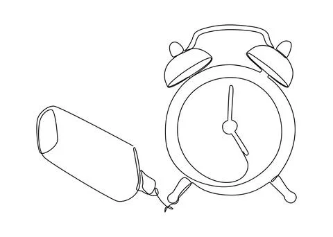 One continuous line of Alarm Clock drawn with a pencil, felt tip pen. Thin .. Stock Illustration