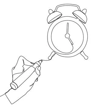 One continuous line of Alarm Clock drawn with a pencil, felt tip pen. Thin .. Illustrazione stock