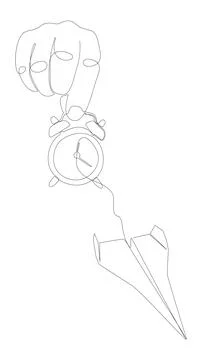 One continuous line of Alarm Clock and Paper Airplane. Thin Line Illustrati.. Illustrazione stock
