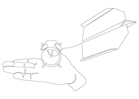 One continuous line of Alarm Clock and Paper Airplane. Thin Line Illustrati.. Illustrazione stock