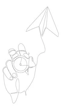 One continuous line of Alarm Clock and Paper Airplane. Thin Line Illustrati.. Illustrazione stock