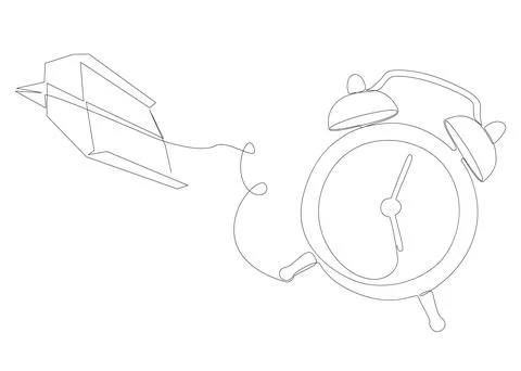 One continuous line of Alarm Clock and Paper Airplane. Thin Line Illustrati.. Illustrazione stock