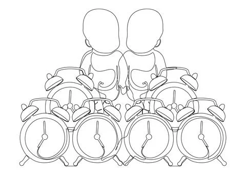 One continuous line of Alarm Clock and baby child. Thin Line Illustration v.. Stock Illustration