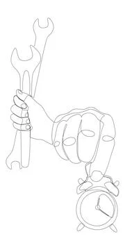 One continuous line of alarm clock with Wrench. Thin Line Illustration vect.. Illustrazione stock