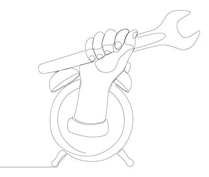 One continuous line of alarm clock with Wrench. Thin Line Illustration vect.. Illustrazione stock