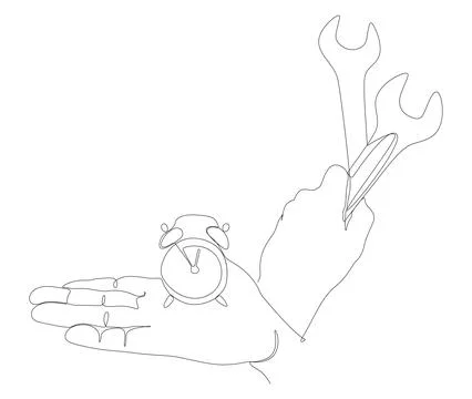 One continuous line of alarm clock with Wrench. Thin Line Illustration vect.. Illustrazione stock