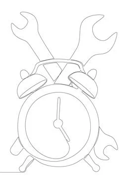 One continuous line of alarm clock with Wrench. Thin Line Illustration vect.. Illustrazione stock