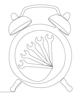 One continuous line of alarm clock with Wrench. Thin Line Illustration vect.. Stock Illustration
