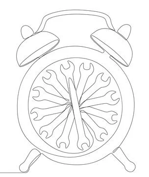One continuous line of alarm clock with Wrench. Thin Line Illustration vect.. Illustrazione stock