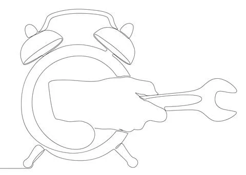 One continuous line of alarm clock with Wrench. Thin Line Illustration vect.. Illustrazione stock