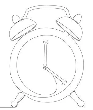 One continuous line of alarm clock with Wrench. Thin Line Illustration vect.. Illustrazione stock