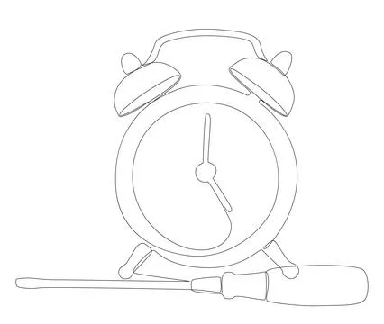 One continuous line of alarm clock with Screwdriver. Thin Line Illustration.. Stock Illustration