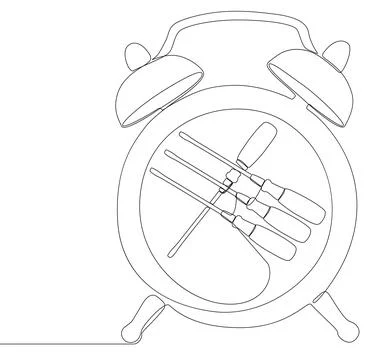 One continuous line of alarm clock with Screwdriver. Thin Line Illustration.. Illustrazione stock