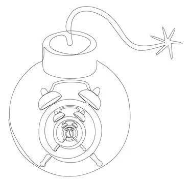 One continuous line of alarm clock with Bomb. Thin Line Illustration vector.. Иллюстрация