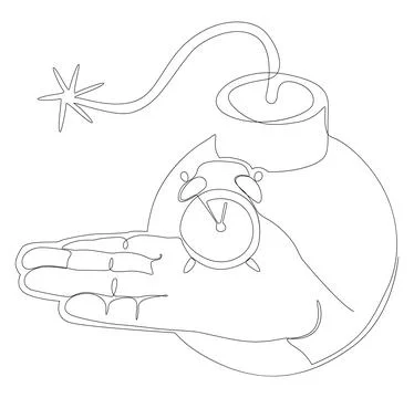 One continuous line of alarm clock with Bomb. Thin Line Illustration vector.. Illustrazione stock