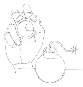 One continuous line of alarm clock with Bomb. Thin Line Illustration vector.. Illustrazione stock